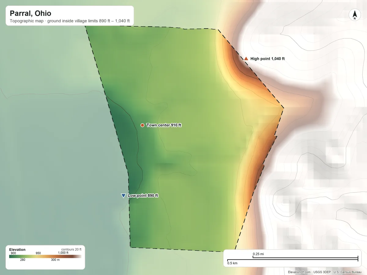 Topographic elevation map of Parral, Ohio, shaded from 890 ft on the south side to 1,040 ft on the northeast side