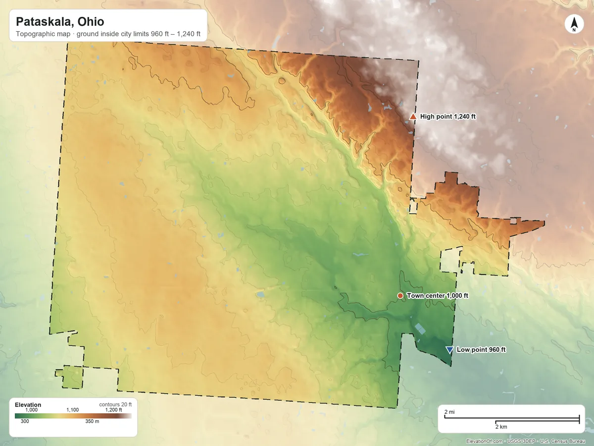 Topographic elevation map of Pataskala, Ohio, shaded from 960 ft on the southeast side to 1,240 ft on the north side