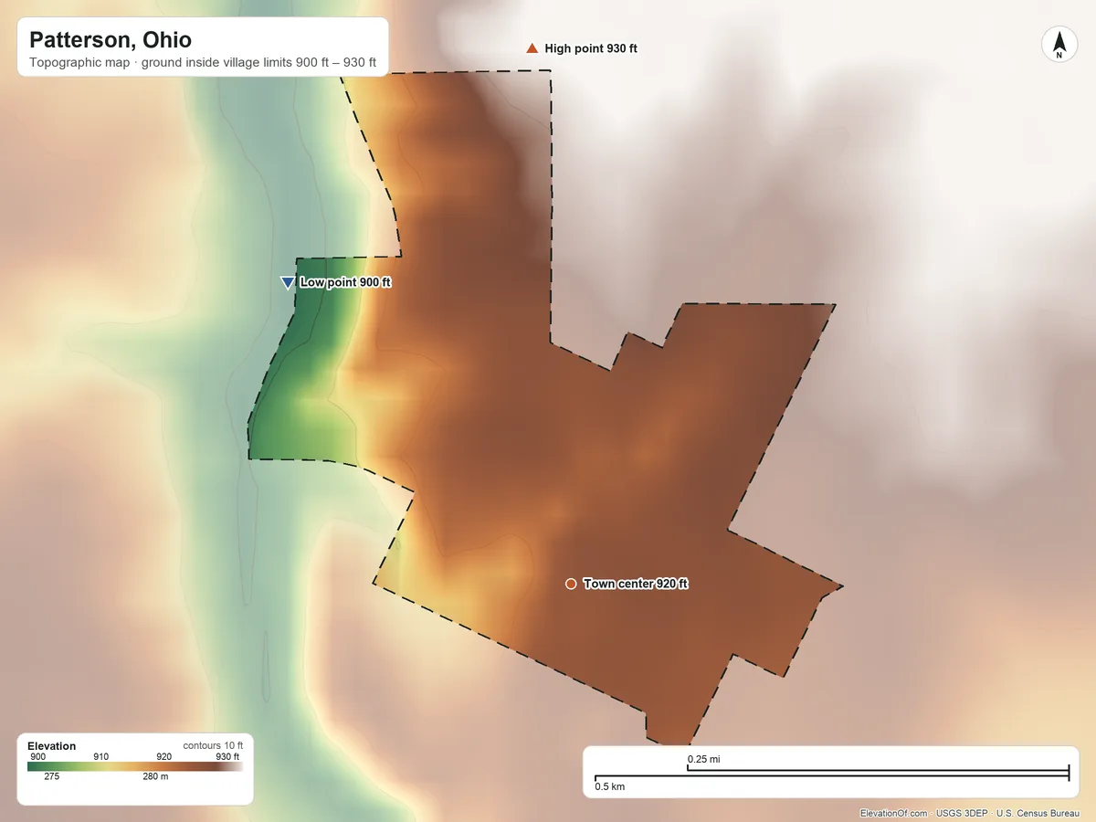 Topographic elevation map of Patterson, Ohio, shaded from 900 ft on the northwest side to 930 ft on the north side