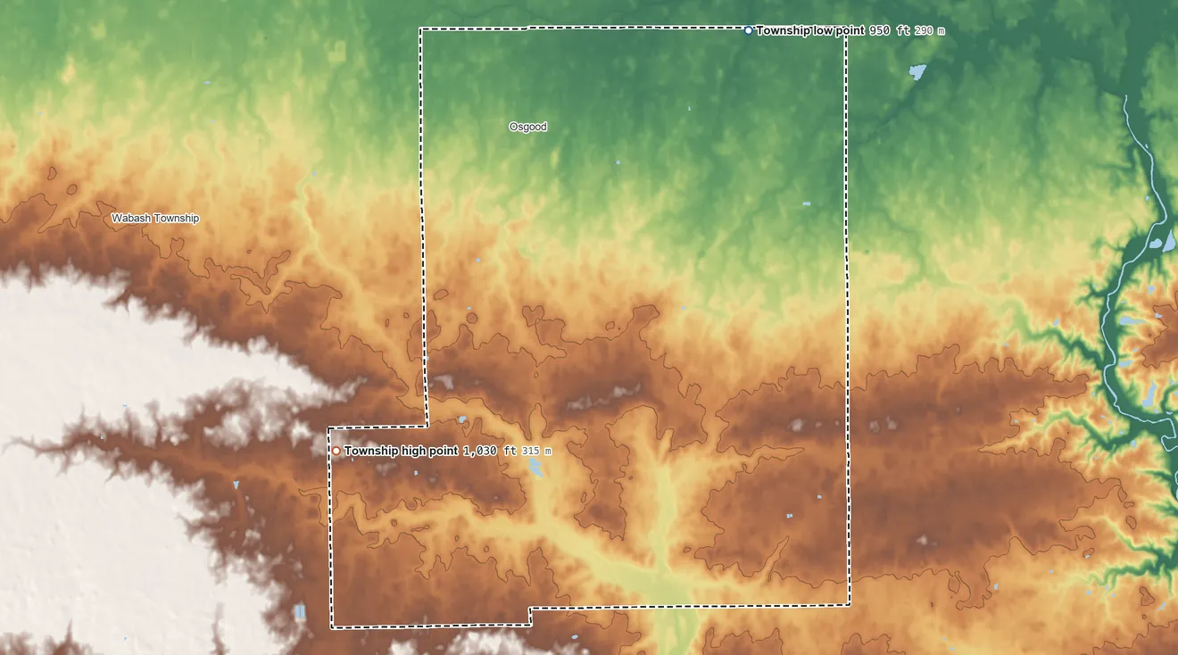Topographic elevation map of Patterson Township, Ohio, shaded from 950 ft on the northeast side to 1,030 ft on the southwest side