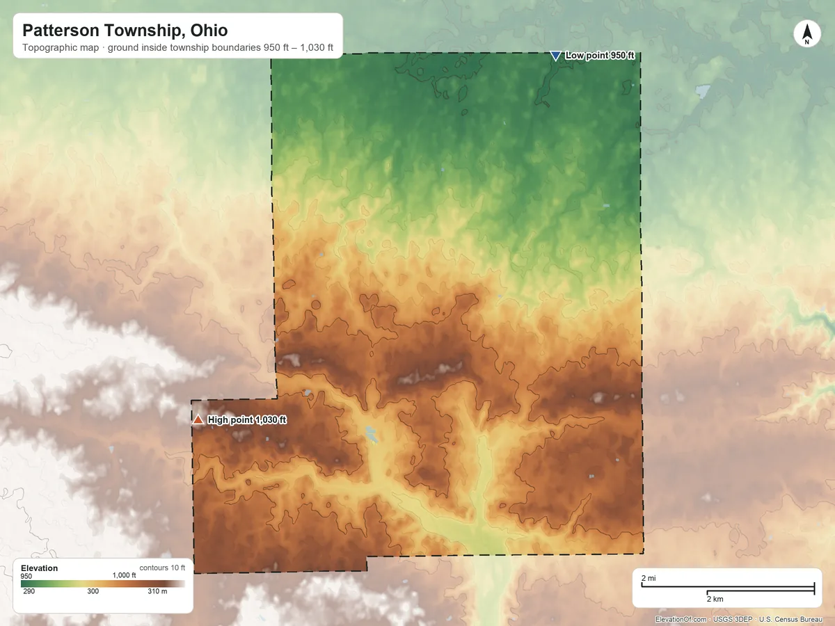 Topographic elevation map of Patterson Township, Ohio, shaded from 950 ft on the northeast side to 1,030 ft on the southwest side