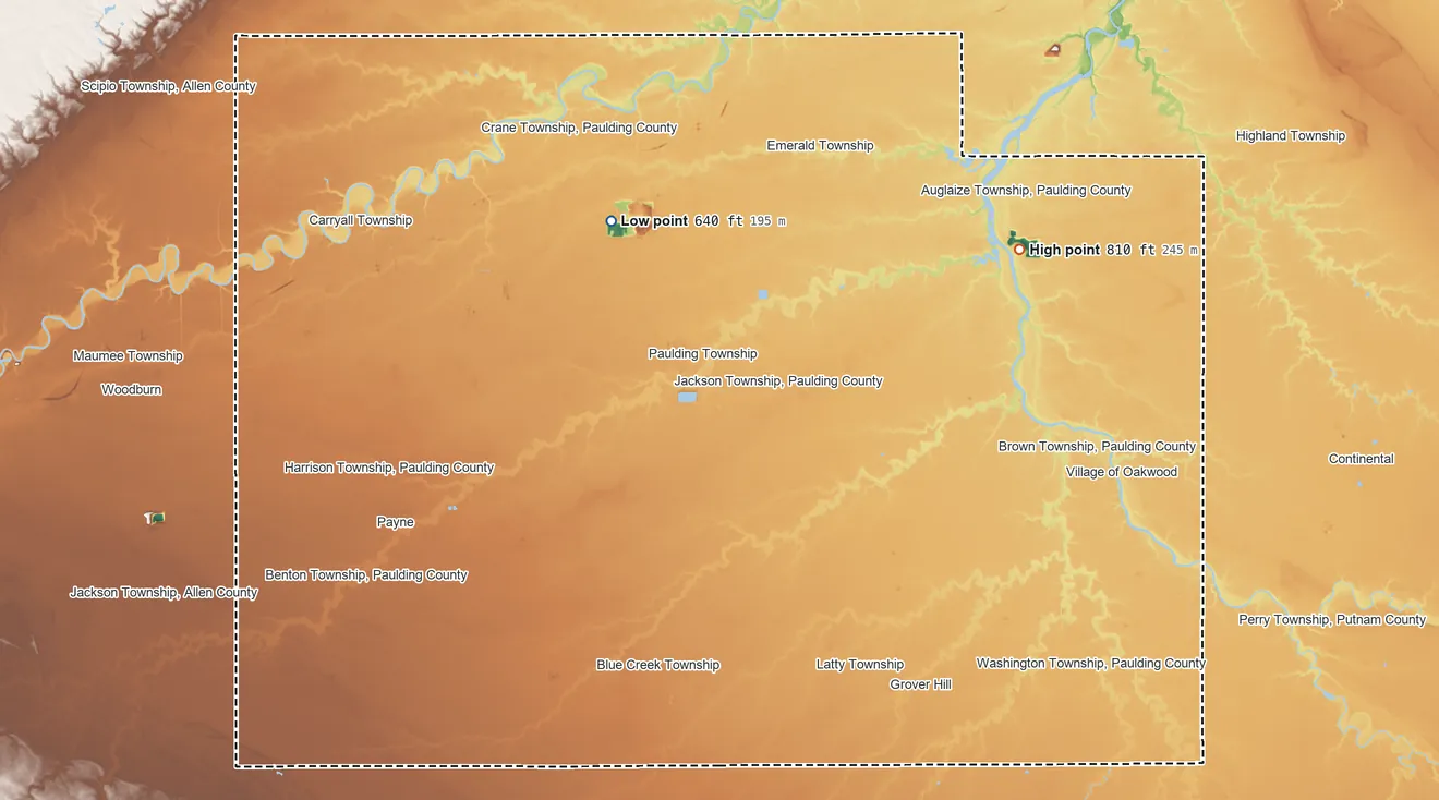 Topographic elevation map of Paulding County, Ohio, shaded from 640 ft on the northwest side to 810 ft on the northeast side