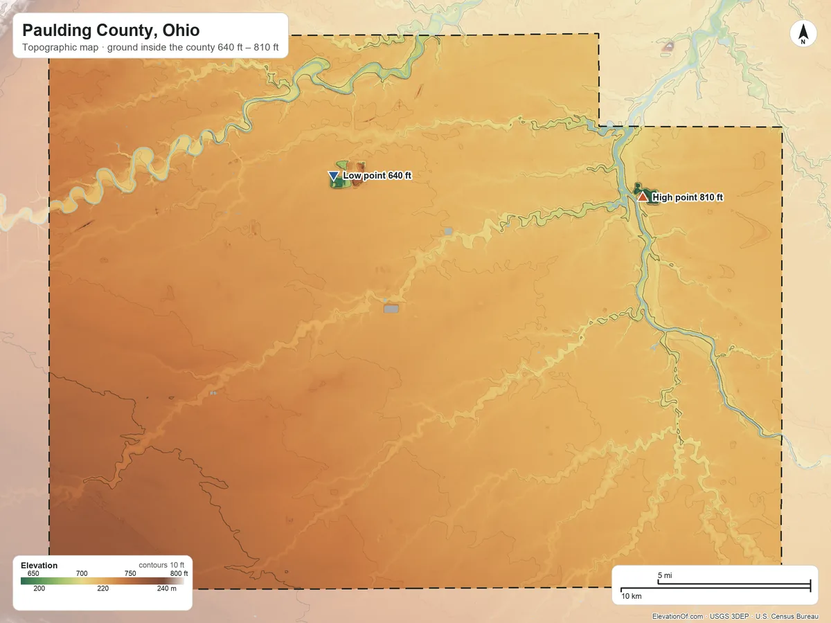Topographic elevation map of Paulding County, Ohio, shaded from 640 ft on the northwest side to 810 ft on the northeast side