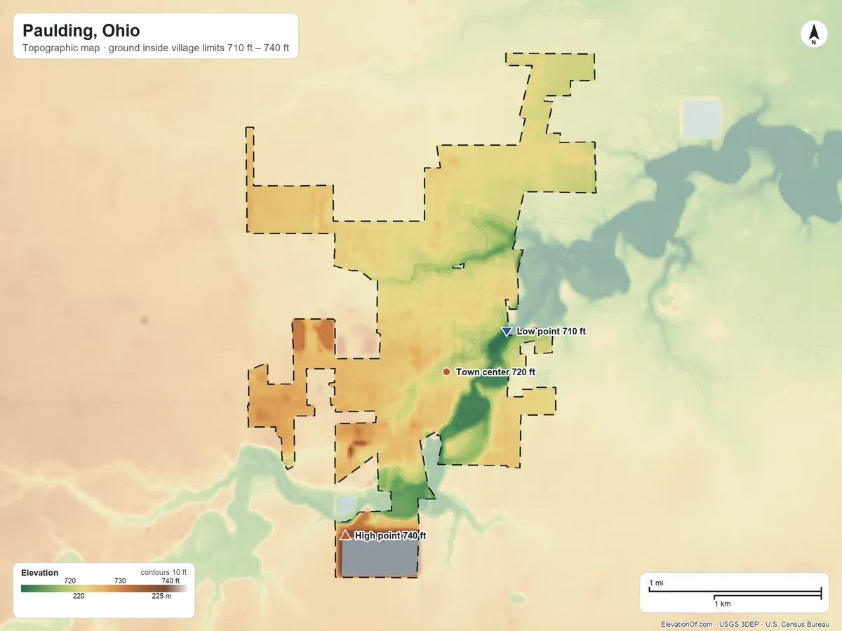 Topographic elevation map of Paulding, Ohio, shaded from 710 ft on the northeast side to 740 ft on the southwest side