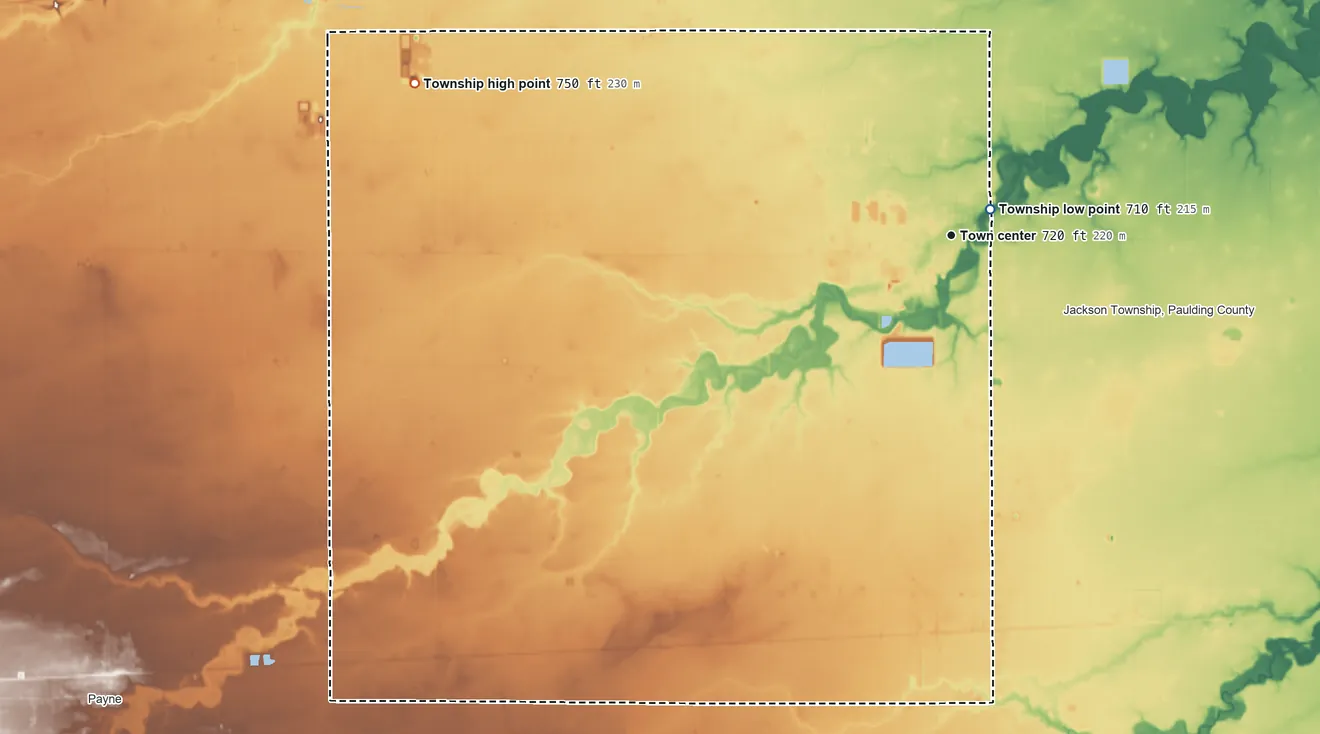 Topographic elevation map of Paulding Township, Ohio, shaded from 710 ft near the middle to 750 ft on the west side