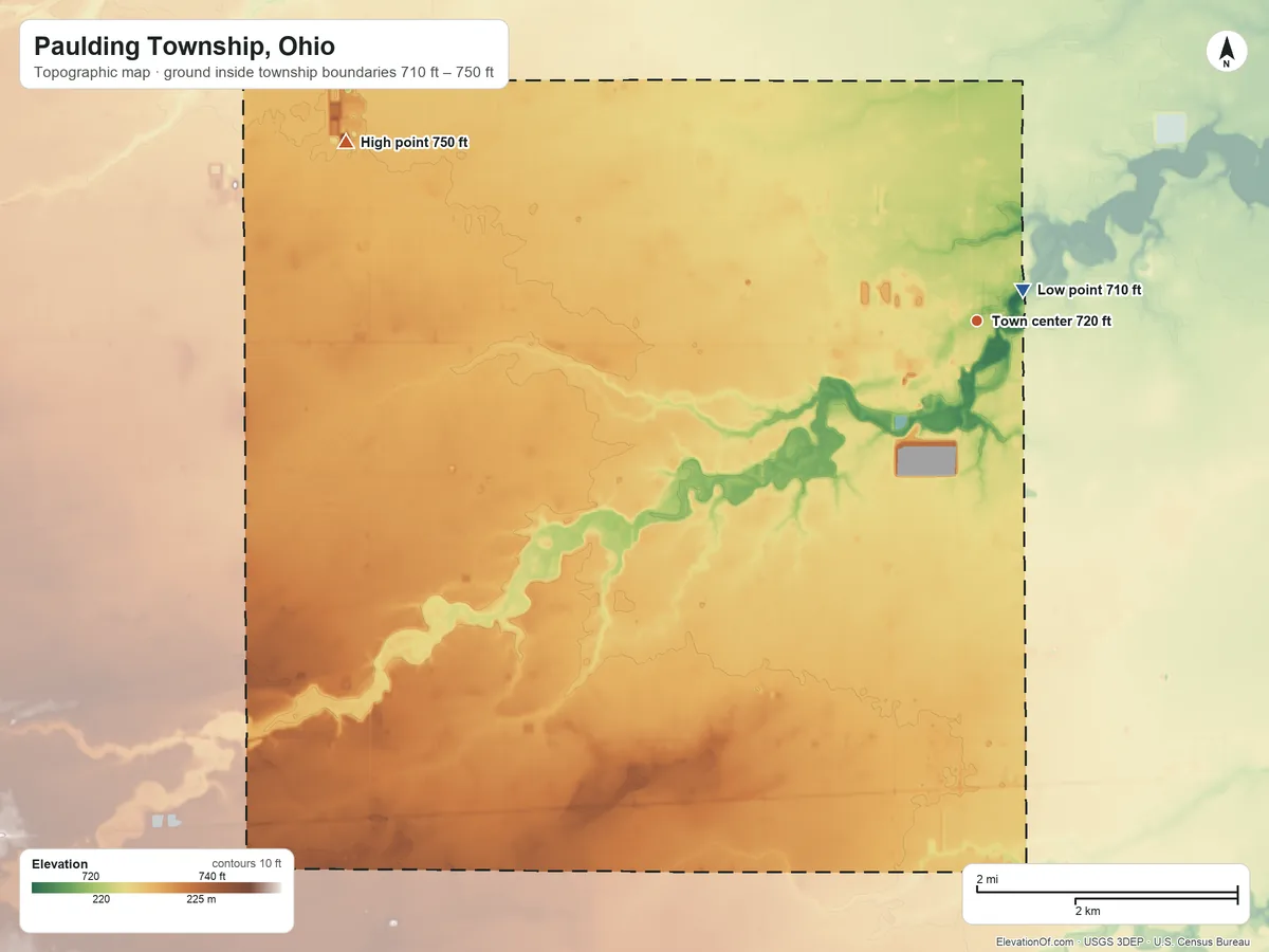 Topographic elevation map of Paulding Township, Ohio, shaded from 710 ft near the middle to 750 ft on the west side