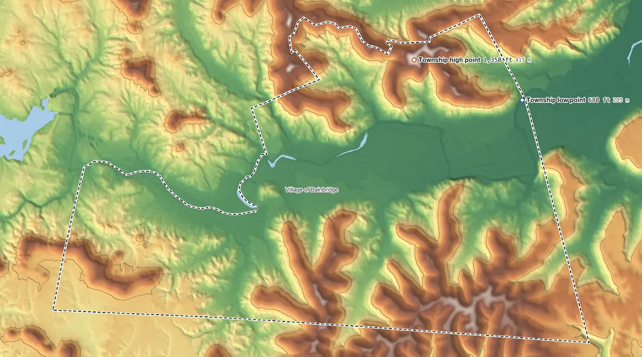 Topographic elevation map of Paxton Township, Ohio, shaded from 680 ft on the northeast side to 1,350 ft on the northeast side