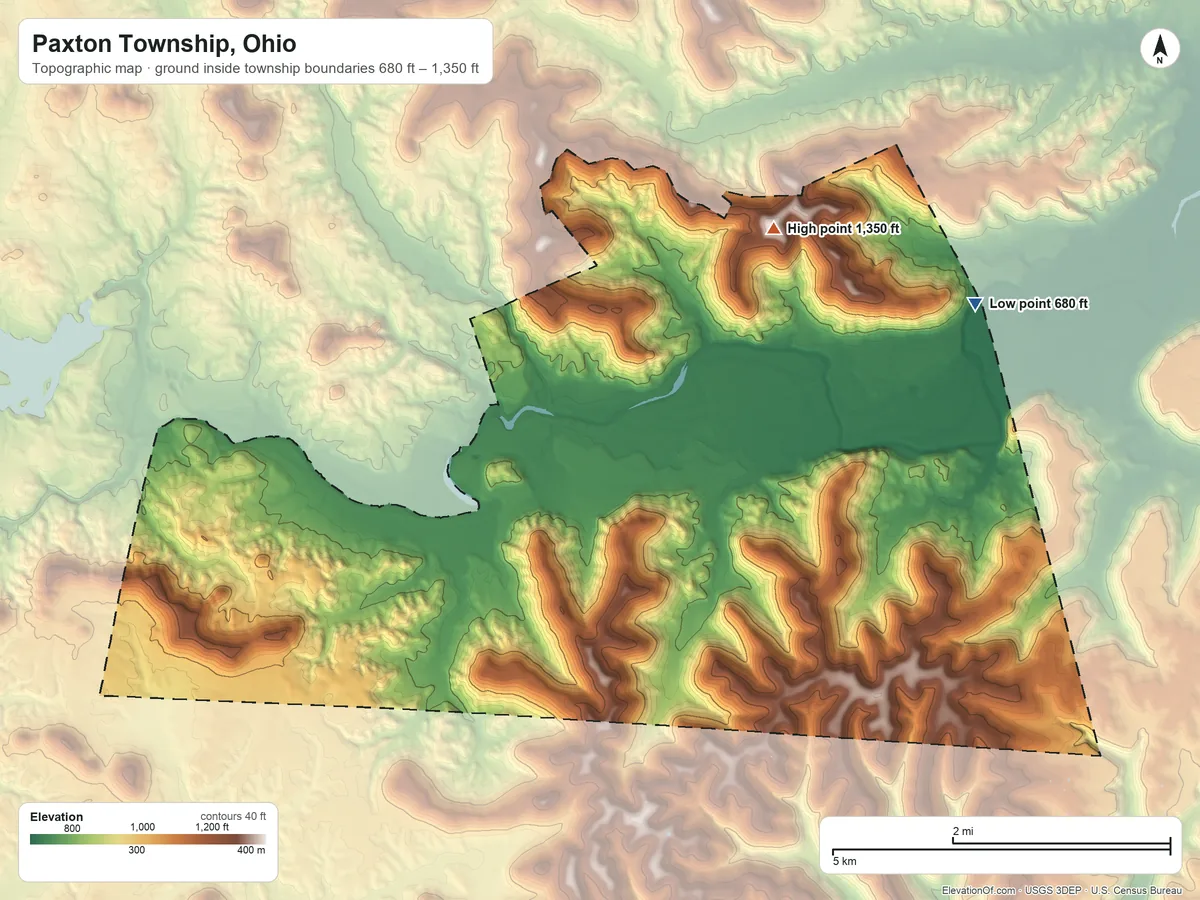 Topographic elevation map of Paxton Township, Ohio, shaded from 680 ft on the northeast side to 1,350 ft on the northeast side