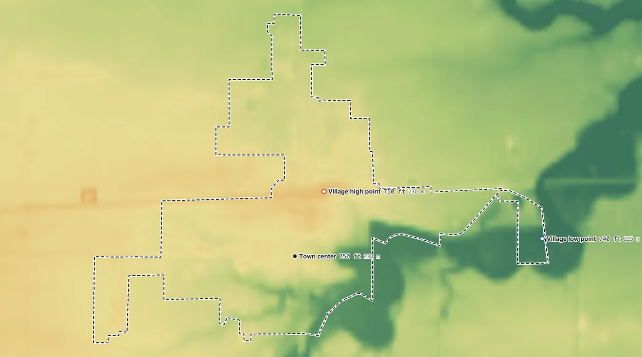 Topographic elevation map of Payne, Ohio, shaded from 740 ft on the east side to 750 ft on the northeast side