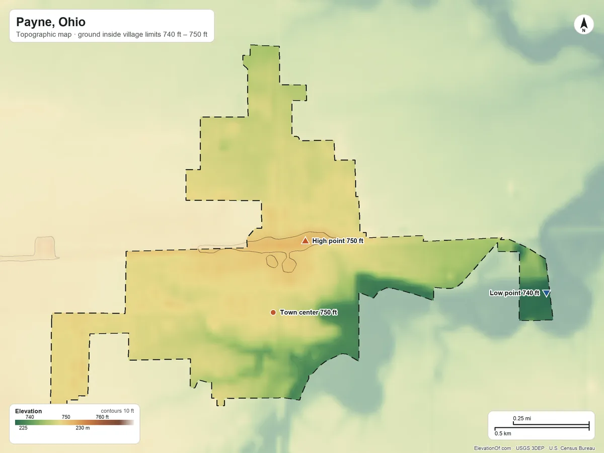 Topographic elevation map of Payne, Ohio, shaded from 740 ft on the east side to 750 ft on the northeast side