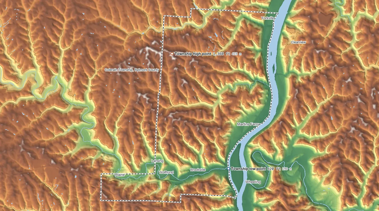 Topographic elevation map of Pease Township, Ohio, shaded from 620 ft on the south side to 1,360 ft on the northwest side