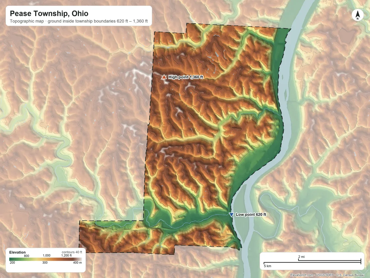 Topographic elevation map of Pease Township, Ohio, shaded from 620 ft on the south side to 1,360 ft on the northwest side