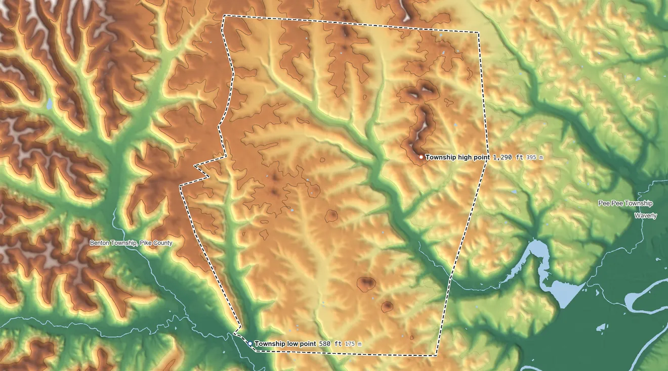 Topographic elevation map of Pebble Township, Ohio, shaded from 580 ft on the southwest side to 1,290 ft on the east side