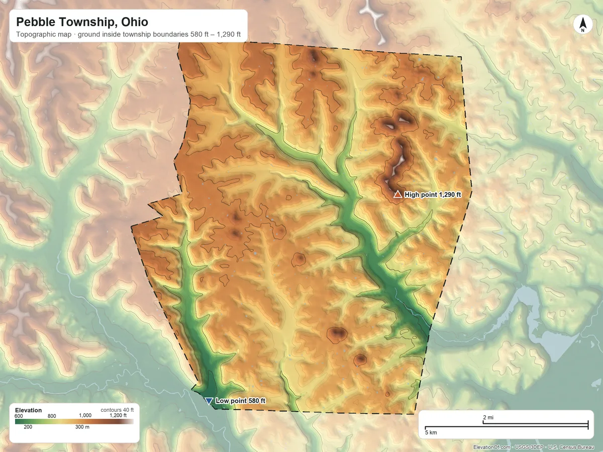 Topographic elevation map of Pebble Township, Ohio, shaded from 580 ft on the southwest side to 1,290 ft on the east side