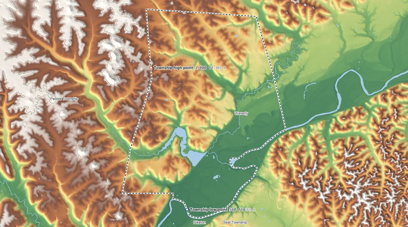 Topographic elevation map of Pee Pee Township, Ohio, shaded from 540 ft on the south side to 1,000 ft on the northwest side