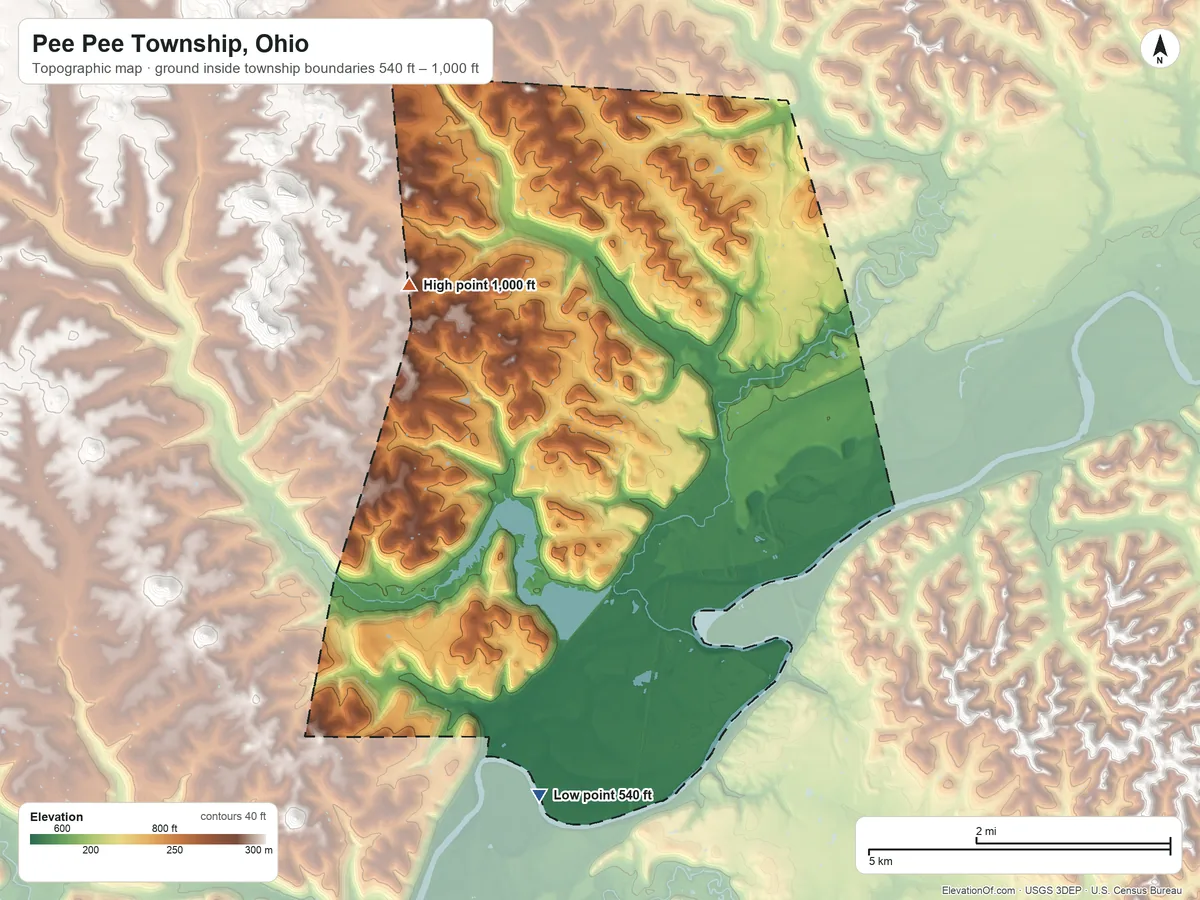 Topographic elevation map of Pee Pee Township, Ohio, shaded from 540 ft on the south side to 1,000 ft on the northwest side