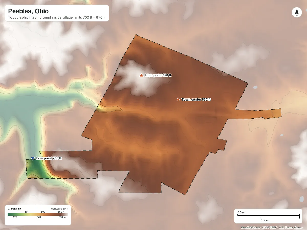 Topographic elevation map of Peebles, Ohio, shaded from 700 ft on the west side to 870 ft on the northwest side