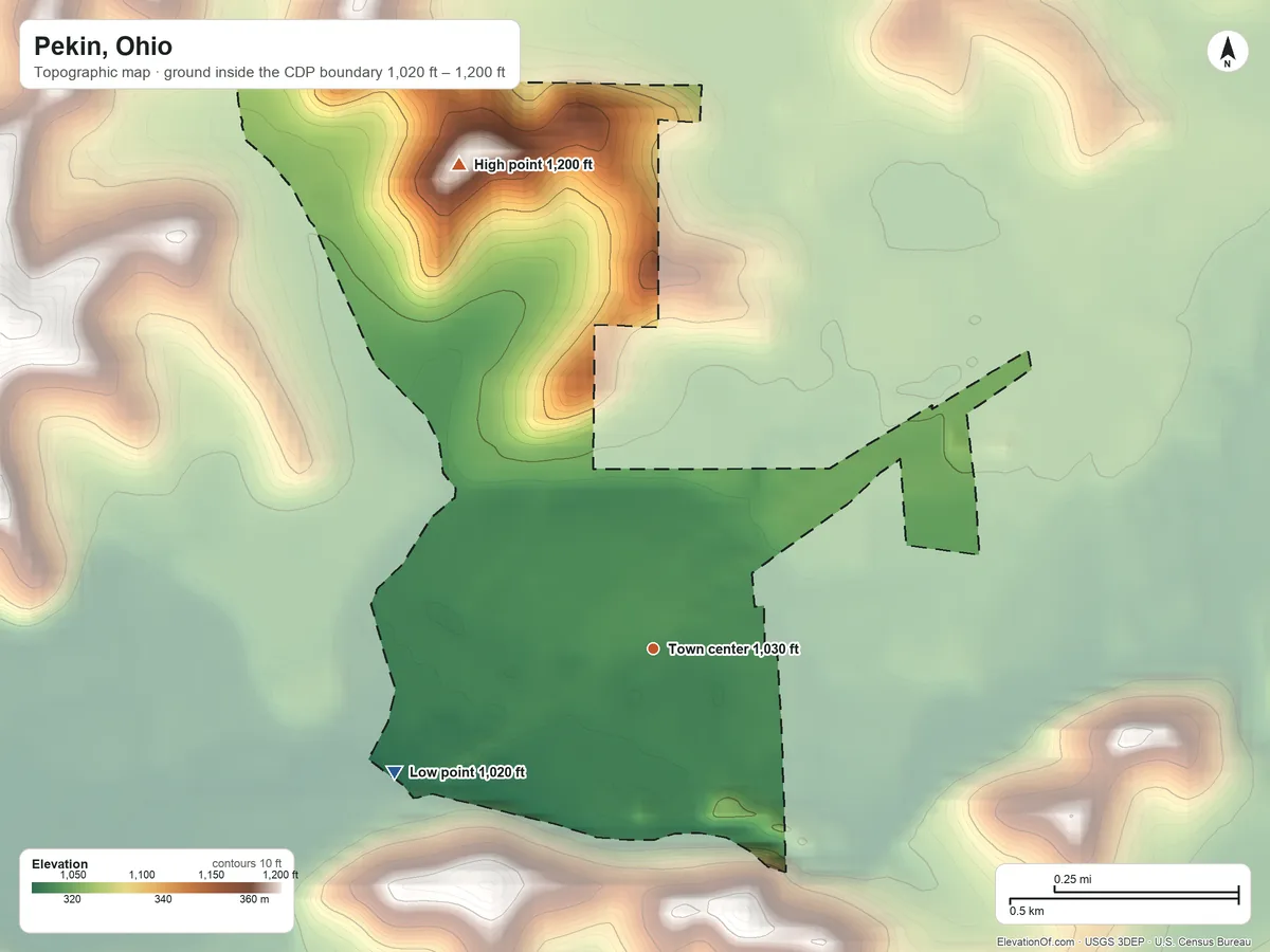 Topographic elevation map of Pekin, Ohio, shaded from 1,020 ft on the southwest side to 1,200 ft on the north side