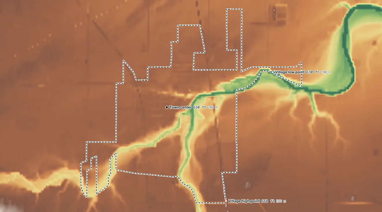 Topographic elevation map of Pemberville, Ohio, shaded from 630 ft on the east side to 660 ft on the southeast side