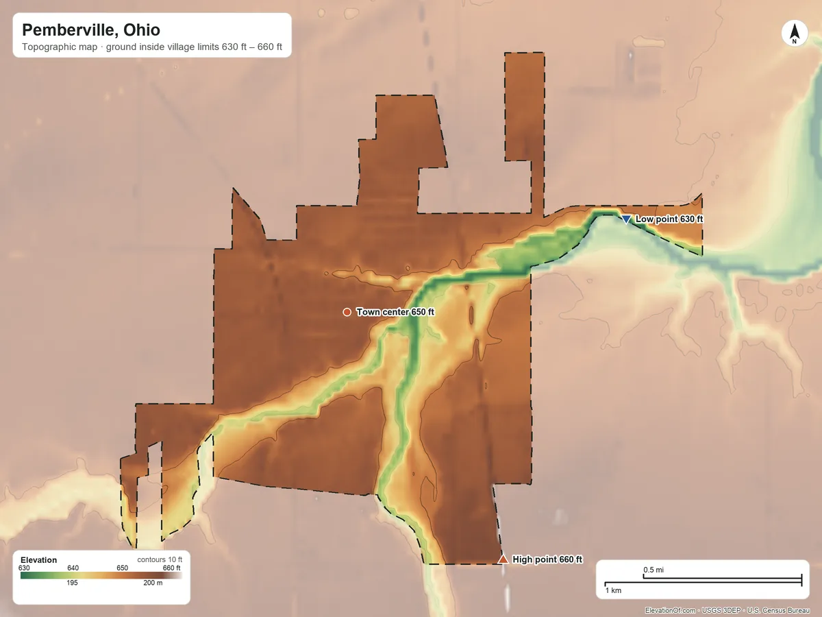 Topographic elevation map of Pemberville, Ohio, shaded from 630 ft on the east side to 660 ft on the southeast side