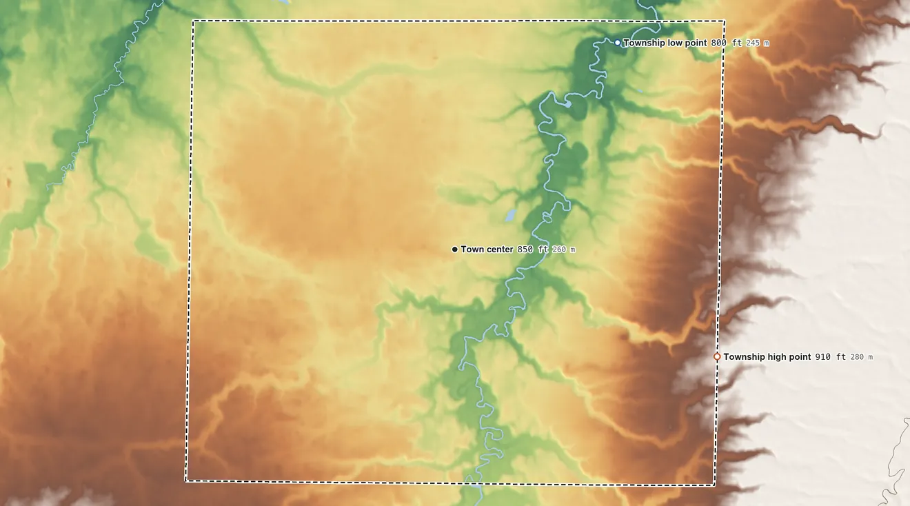 Topographic elevation map of Penfield Township, Ohio, shaded from 800 ft on the northeast side to 910 ft on the east side