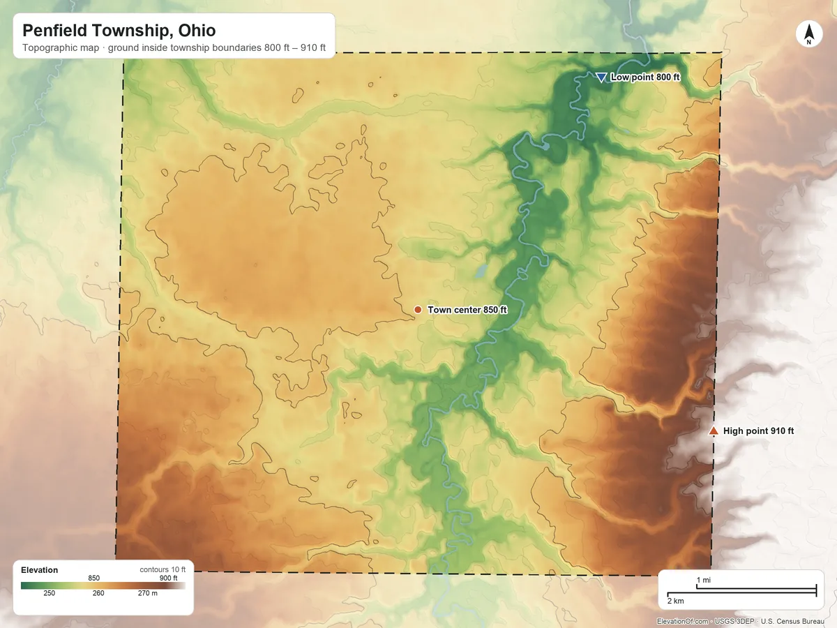 Topographic elevation map of Penfield Township, Ohio, shaded from 800 ft on the northeast side to 910 ft on the east side
