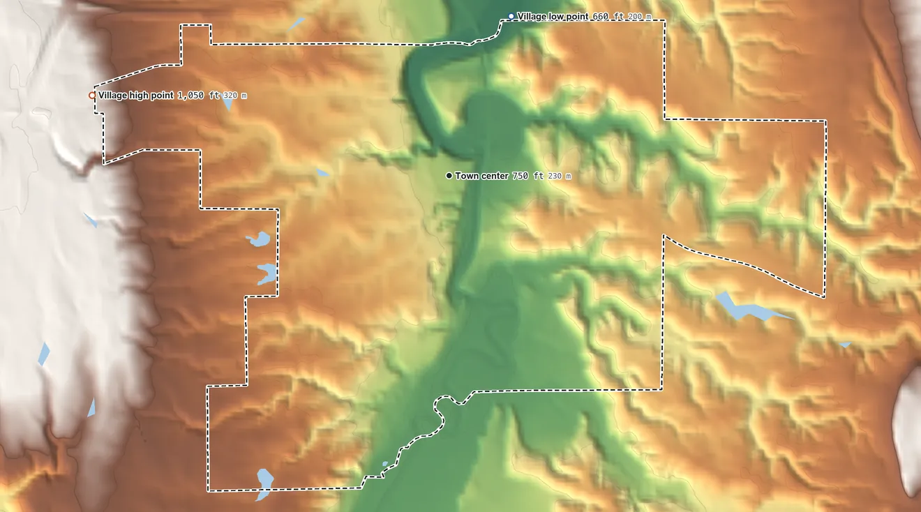 Topographic elevation map of Peninsula, Ohio, shaded from 660 ft on the north side to 1,050 ft on the west side