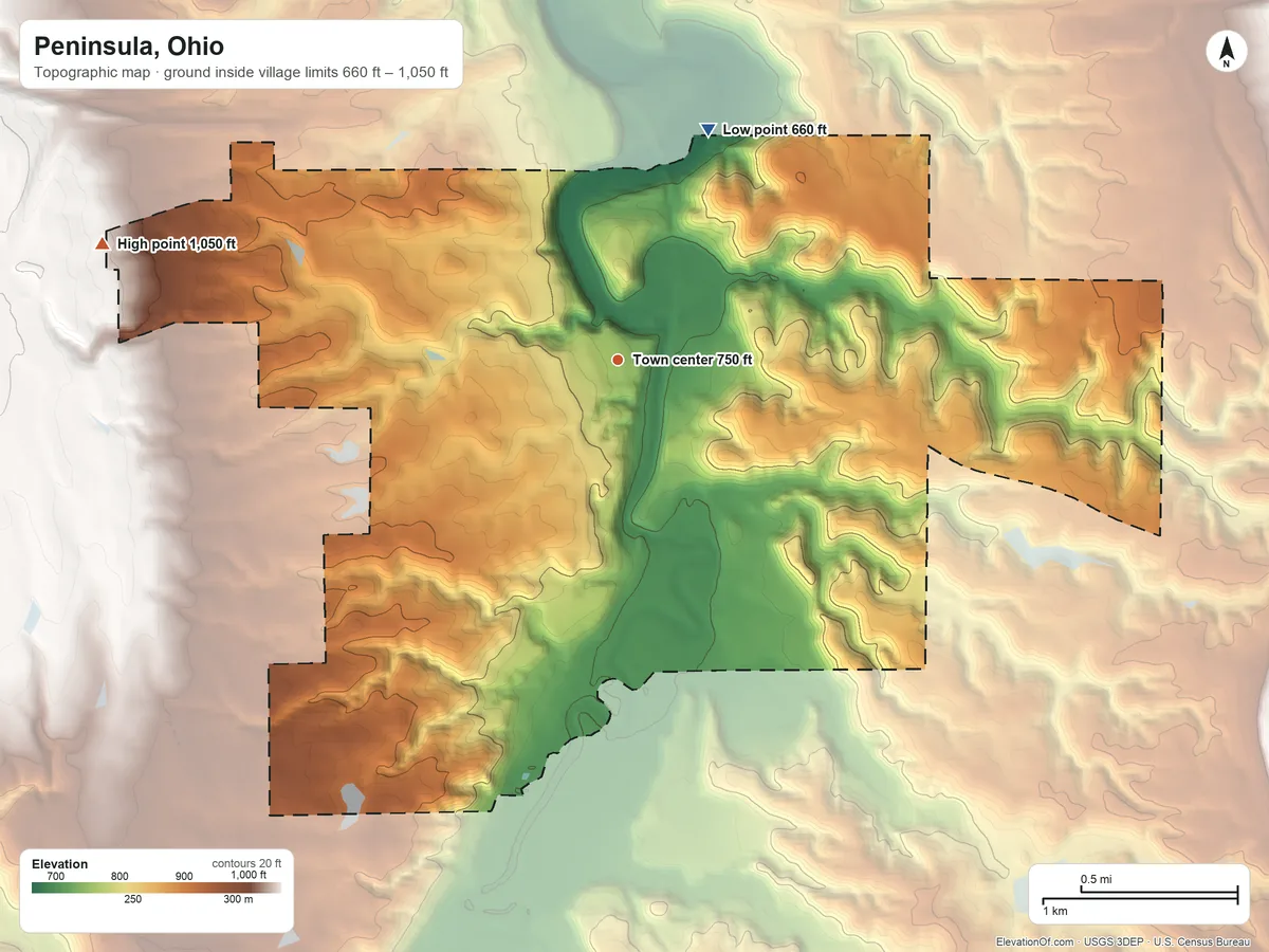 Topographic elevation map of Peninsula, Ohio, shaded from 660 ft on the north side to 1,050 ft on the west side