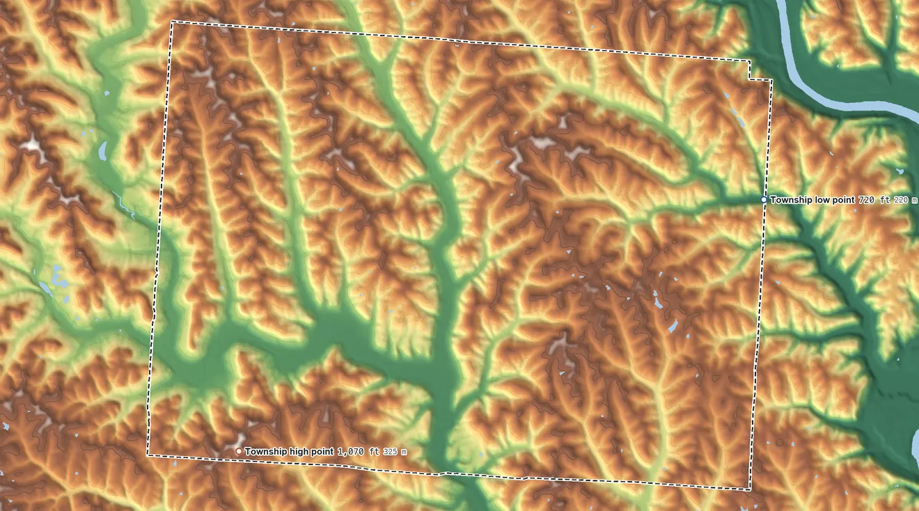 Topographic elevation map of Penn Township, Morgan County, Ohio, shaded from 720 ft on the east side to 1,070 ft on the southwest side