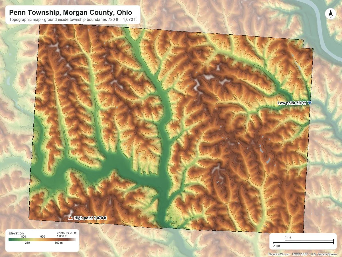 Topographic elevation map of Penn Township, Morgan County, Ohio, shaded from 720 ft on the east side to 1,070 ft on the southwest side