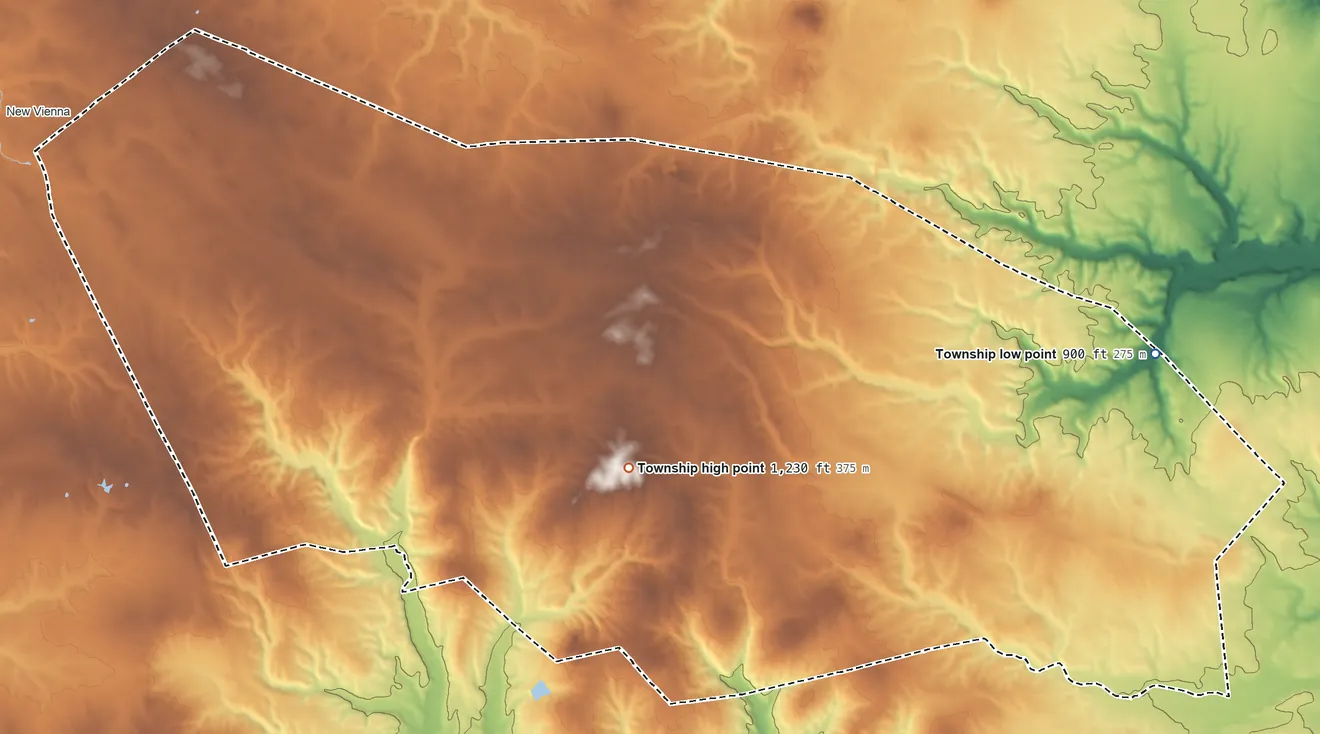 Topographic elevation map of Penn Township, Ohio, shaded from 900 ft on the east side to 1,230 ft on Cemetery Hill