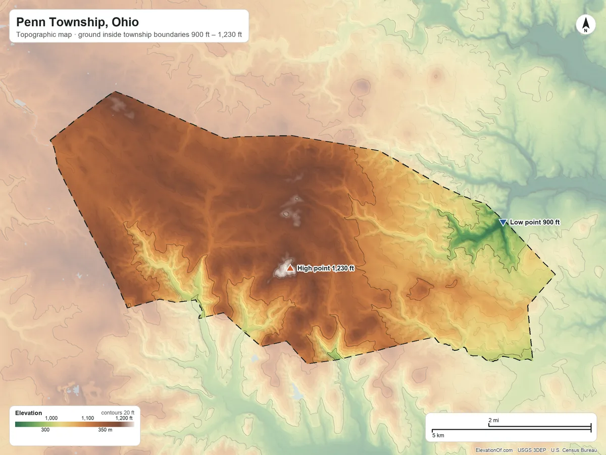 Topographic elevation map of Penn Township, Ohio, shaded from 900 ft on the east side to 1,230 ft on Cemetery Hill