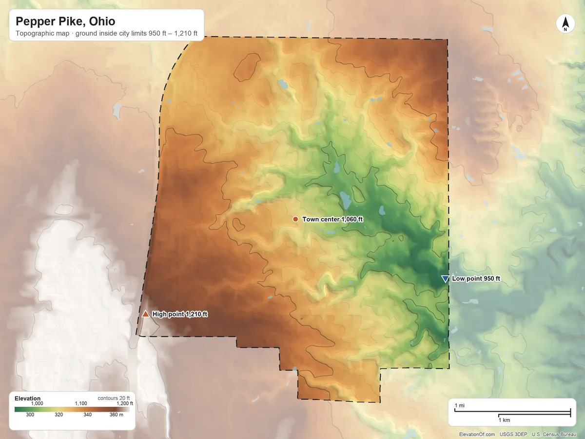 Topographic elevation map of Pepper Pike, Ohio, shaded from 950 ft on the east side to 1,210 ft on the southwest side