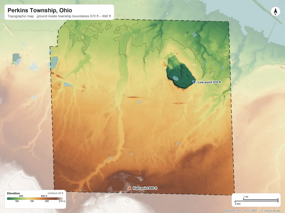 Topographic elevation map of Perkins Township, Ohio, shaded from 570 ft on the southeast side to 690 ft on the south side