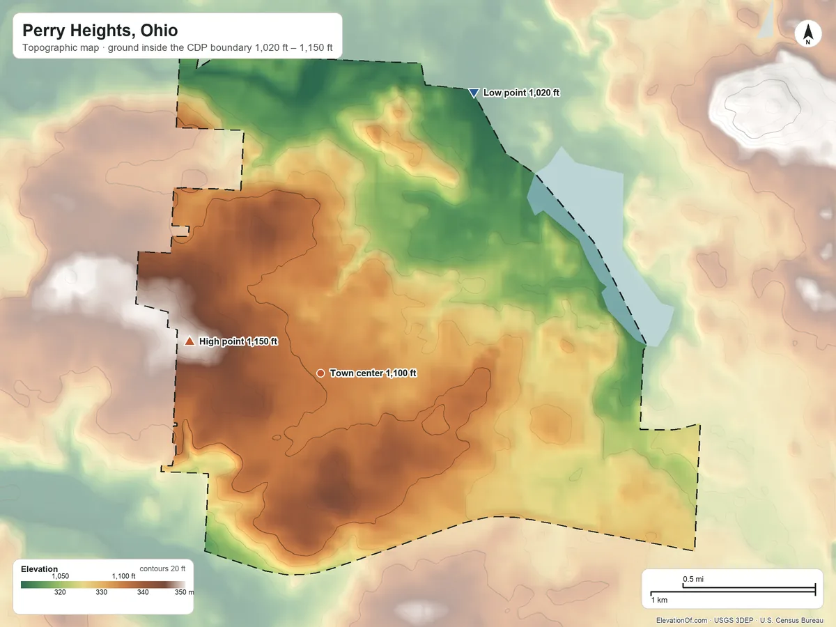Topographic elevation map of Perry Heights, Ohio, shaded from 1,020 ft on the northeast side to 1,150 ft on the west side
