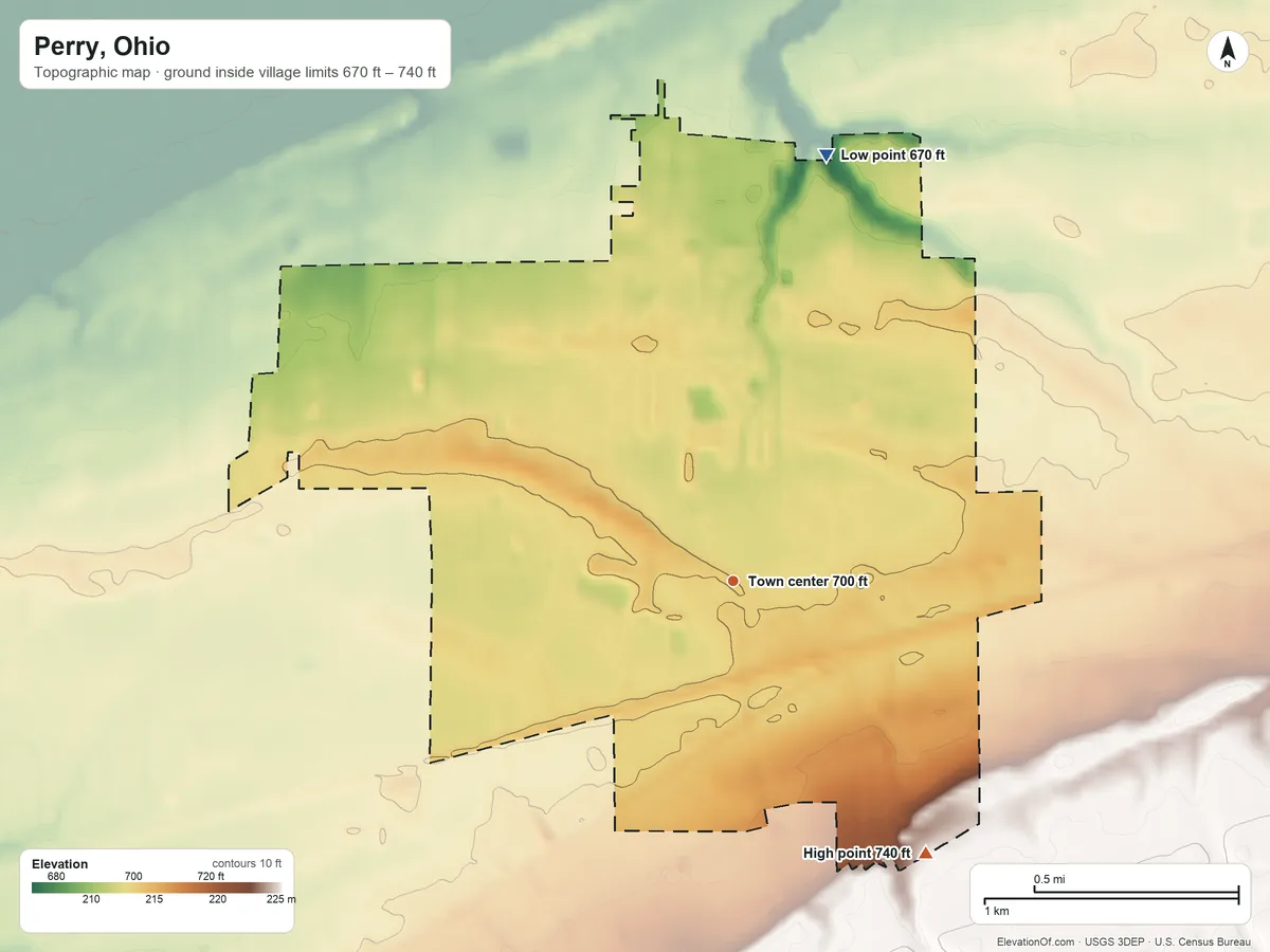 Topographic elevation map of Perry, Ohio, shaded from 670 ft on the north side to 740 ft on the southeast side