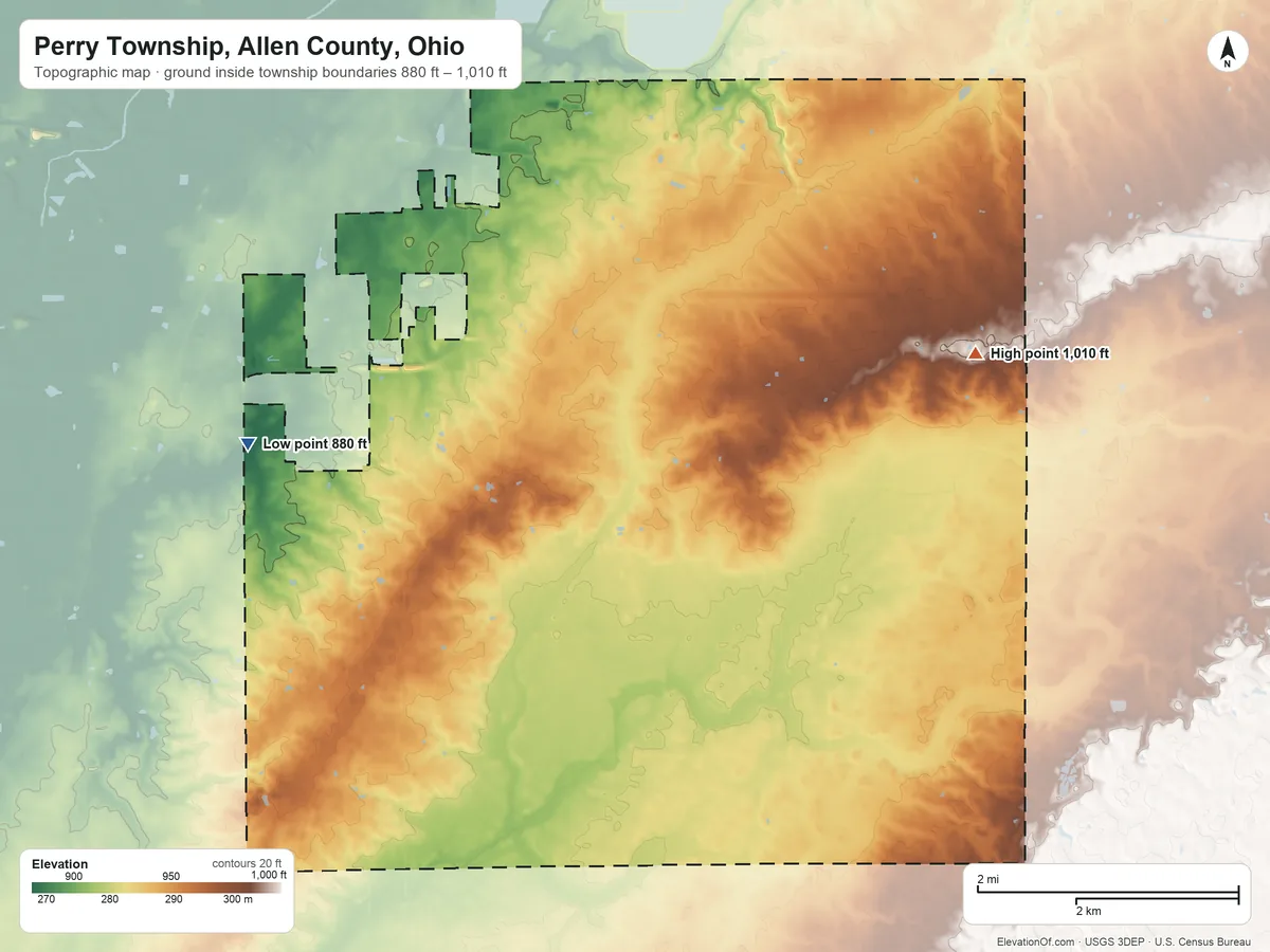 Topographic elevation map of Perry Township, Allen County, Ohio, shaded from 880 ft on the west side to 1,010 ft on the east side