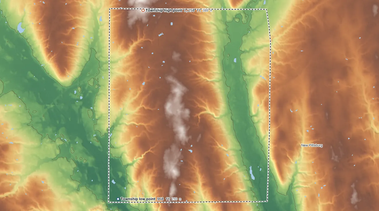 Topographic elevation map of Perry Township, Ashland County, Ohio, shaded from 960 ft on the southwest side to 1,250 ft on the northwest side