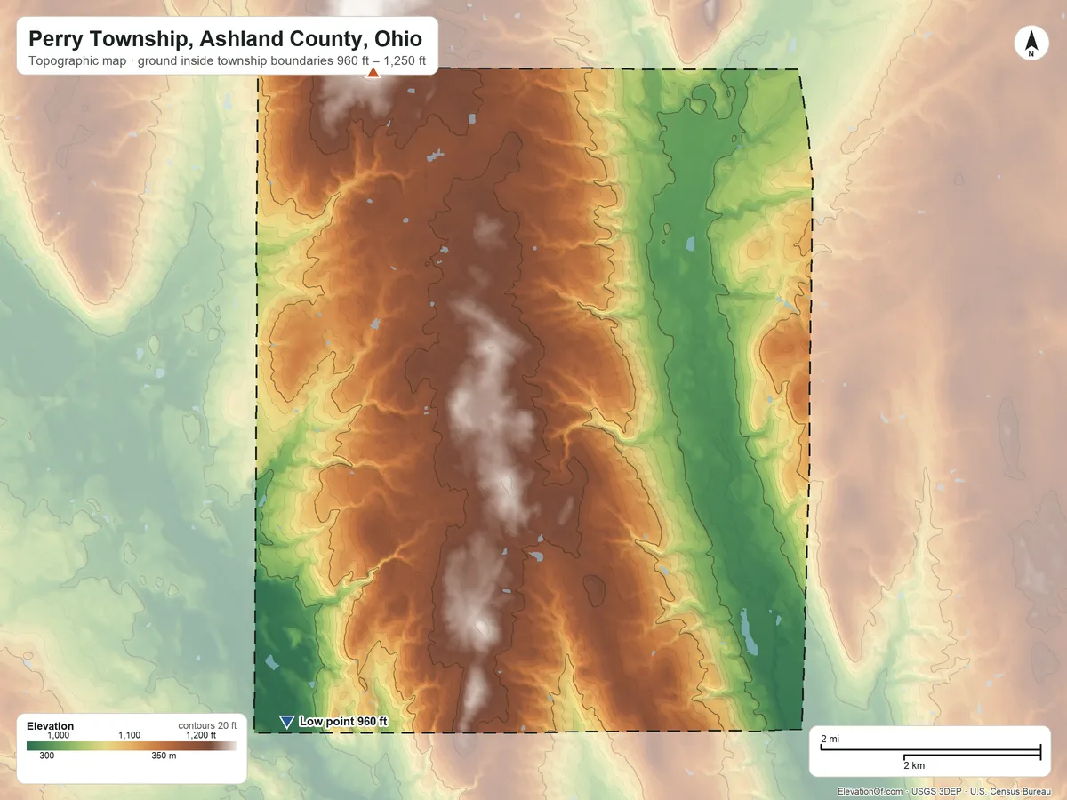 Topographic elevation map of Perry Township, Ashland County, Ohio, shaded from 960 ft on the southwest side to 1,250 ft on the northwest side