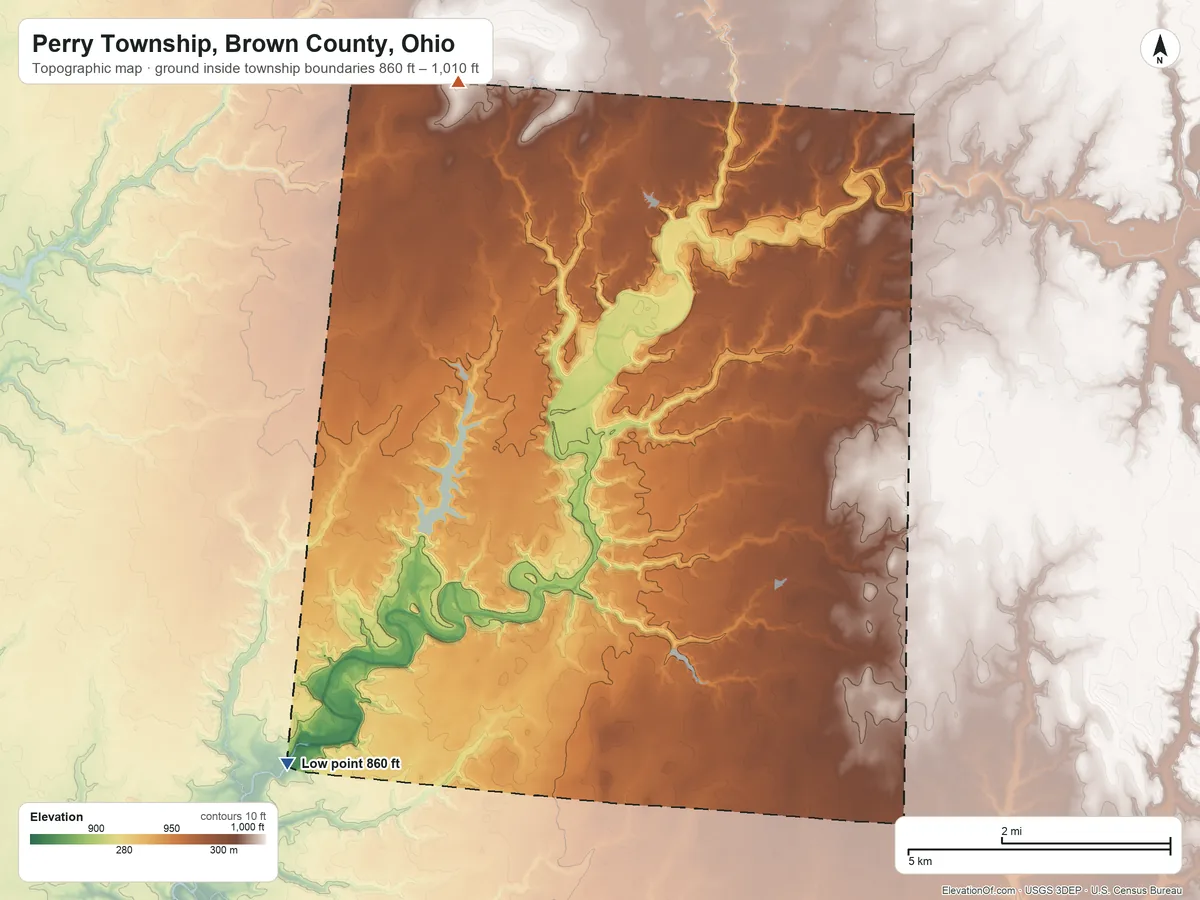Topographic elevation map of Perry Township, Brown County, Ohio, shaded from 860 ft on the southwest side to 1,010 ft on the north side