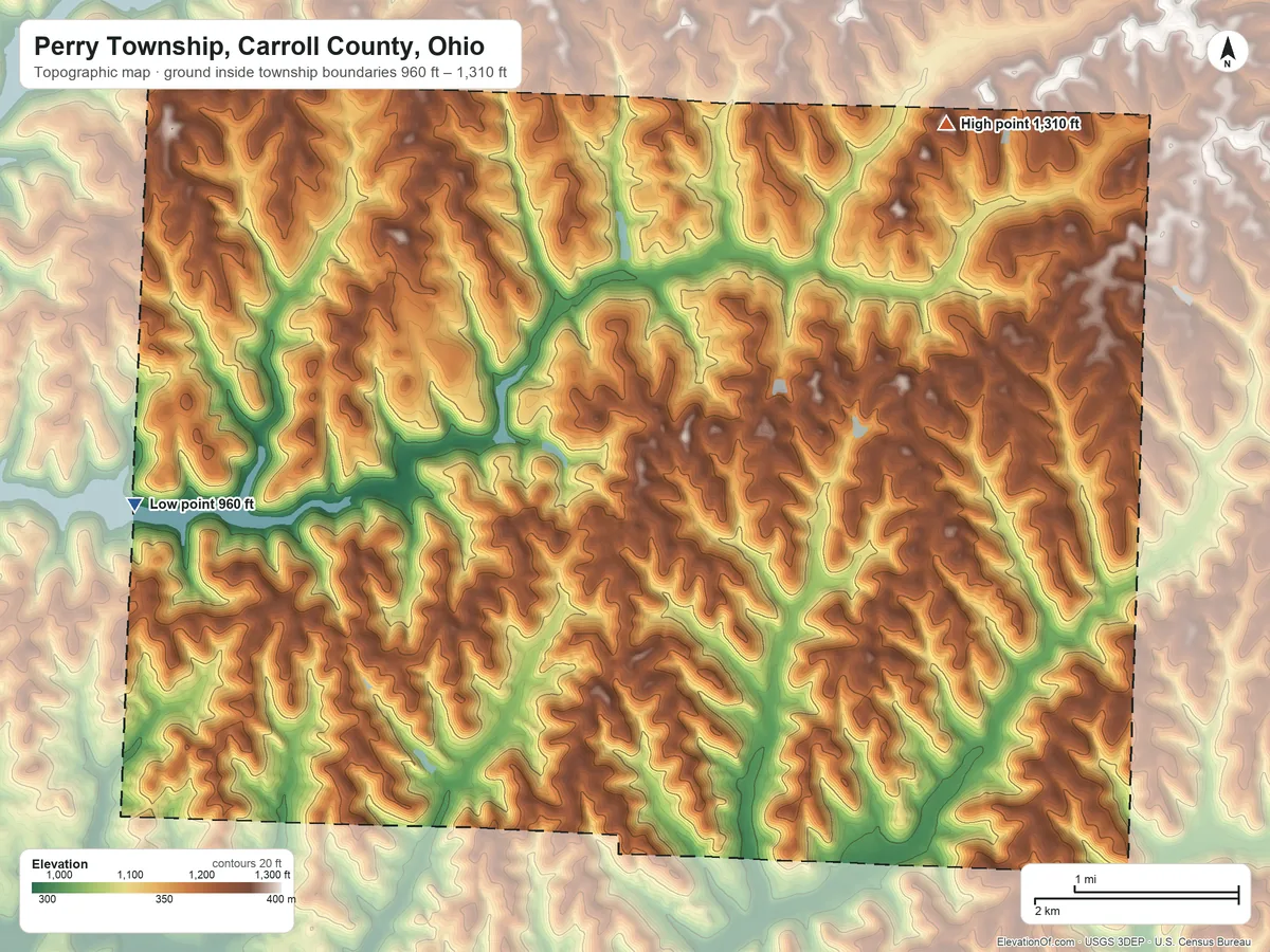 Topographic elevation map of Perry Township, Carroll County, Ohio, shaded from 960 ft on the west side to 1,310 ft on the northeast side
