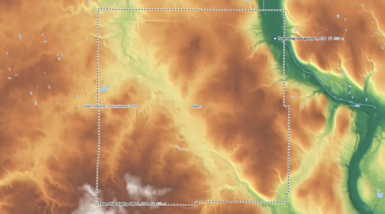 Topographic elevation map of Perry Township, Columbiana County, Ohio, shaded from 1,030 ft on the northeast side to 1,390 ft on the southwest side