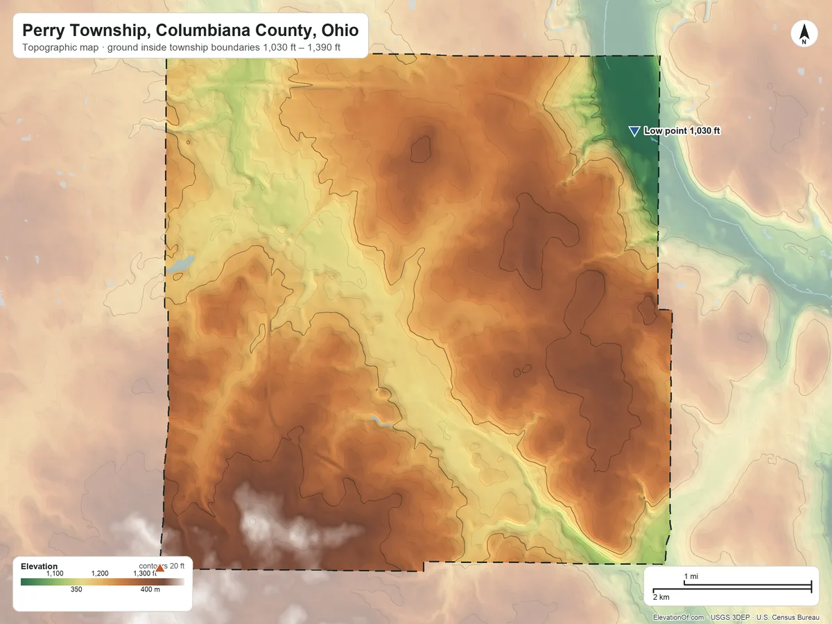 Topographic elevation map of Perry Township, Columbiana County, Ohio, shaded from 1,030 ft on the northeast side to 1,390 ft on the southwest side