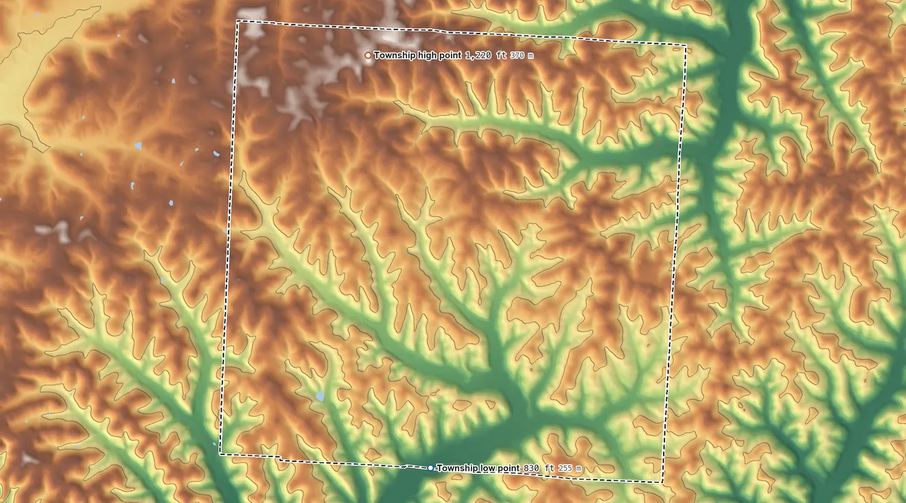 Topographic elevation map of Perry Township, Coshocton County, Ohio, shaded from 830 ft on the south side to 1,220 ft on the north side
