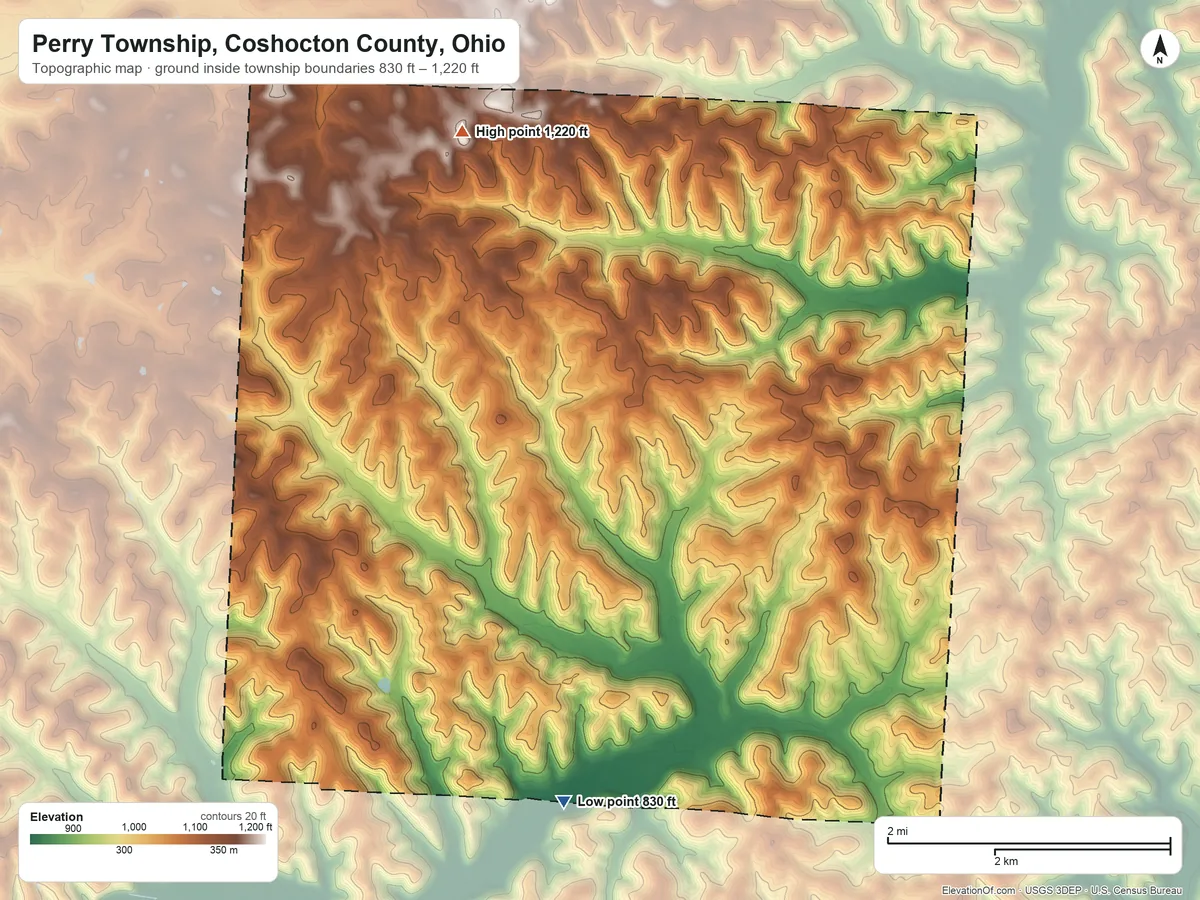 Topographic elevation map of Perry Township, Coshocton County, Ohio, shaded from 830 ft on the south side to 1,220 ft on the north side