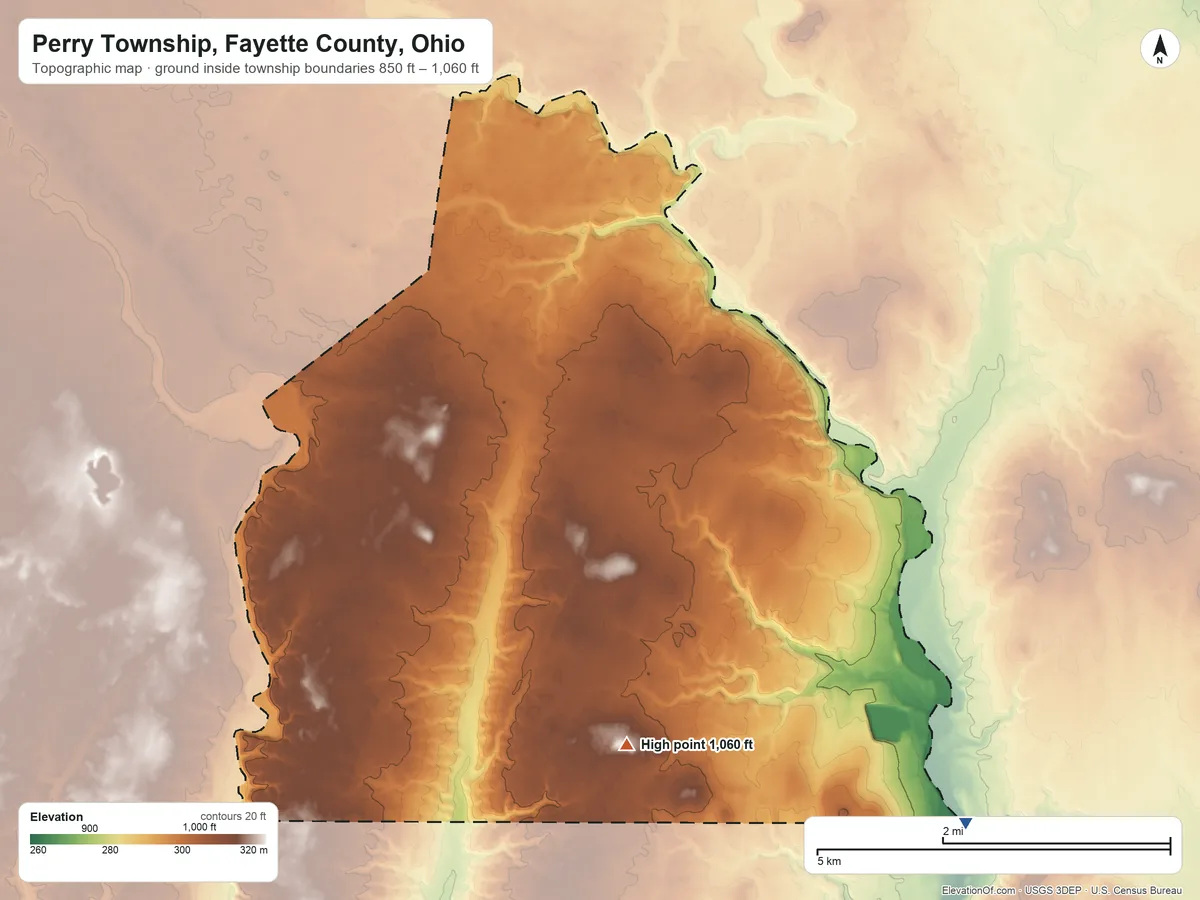 Topographic elevation map of Perry Township, Fayette County, Ohio, shaded from 850 ft on the southeast side to 1,060 ft on the southeast side