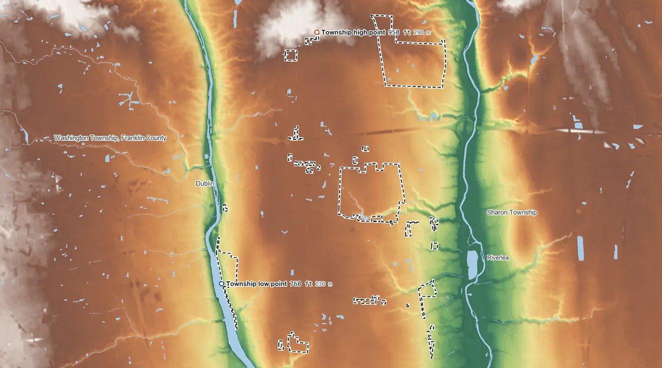 Topographic elevation map of Perry Township, Franklin County, Ohio, shaded from 760 ft on the southwest side to 950 ft on the northwest side