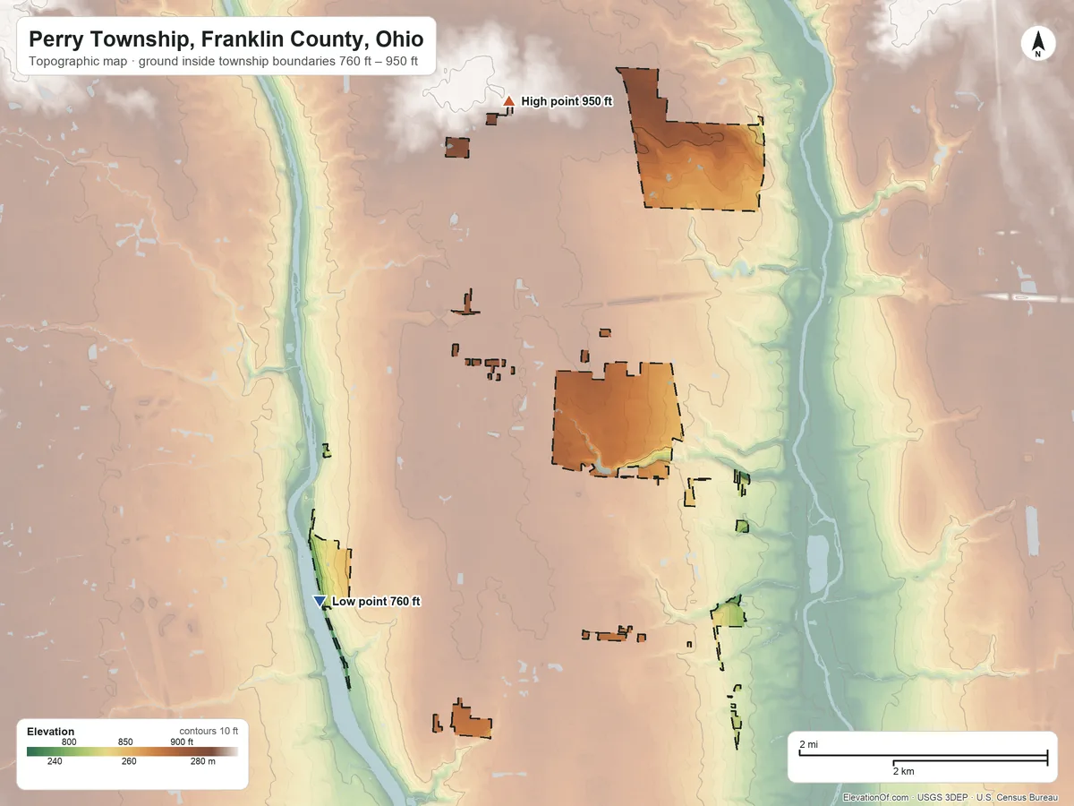 Topographic elevation map of Perry Township, Franklin County, Ohio, shaded from 760 ft on the southwest side to 950 ft on the northwest side
