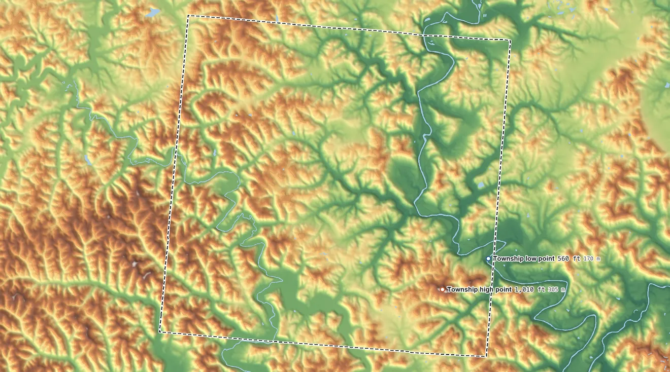 Topographic elevation map of Perry Township, Gallia County, Ohio, shaded from 560 ft on the southeast side to 1,010 ft on Poplar Knob