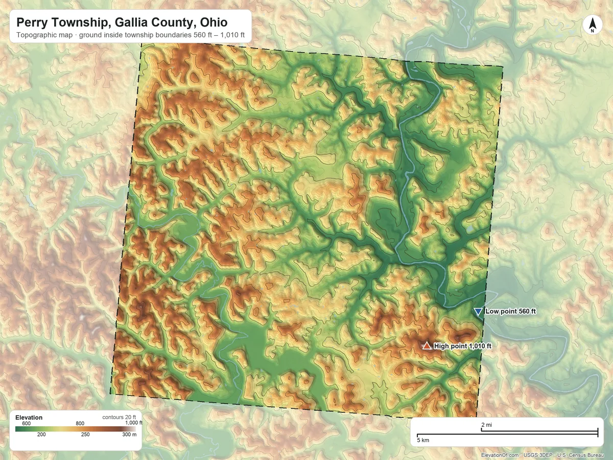 Topographic elevation map of Perry Township, Gallia County, Ohio, shaded from 560 ft on the southeast side to 1,010 ft on Poplar Knob